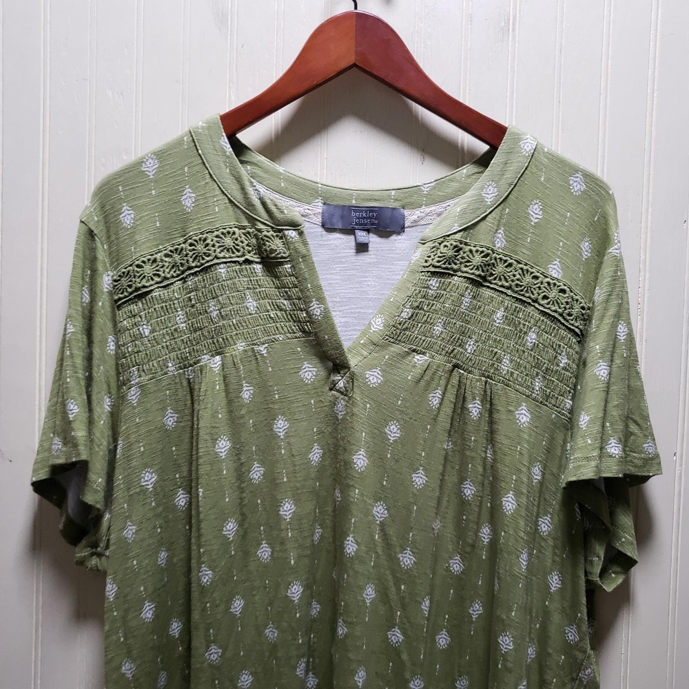 Berkley Jensen Shirt Womens XXL Green V Neck Short Sleeve Crochet Tunic Top
